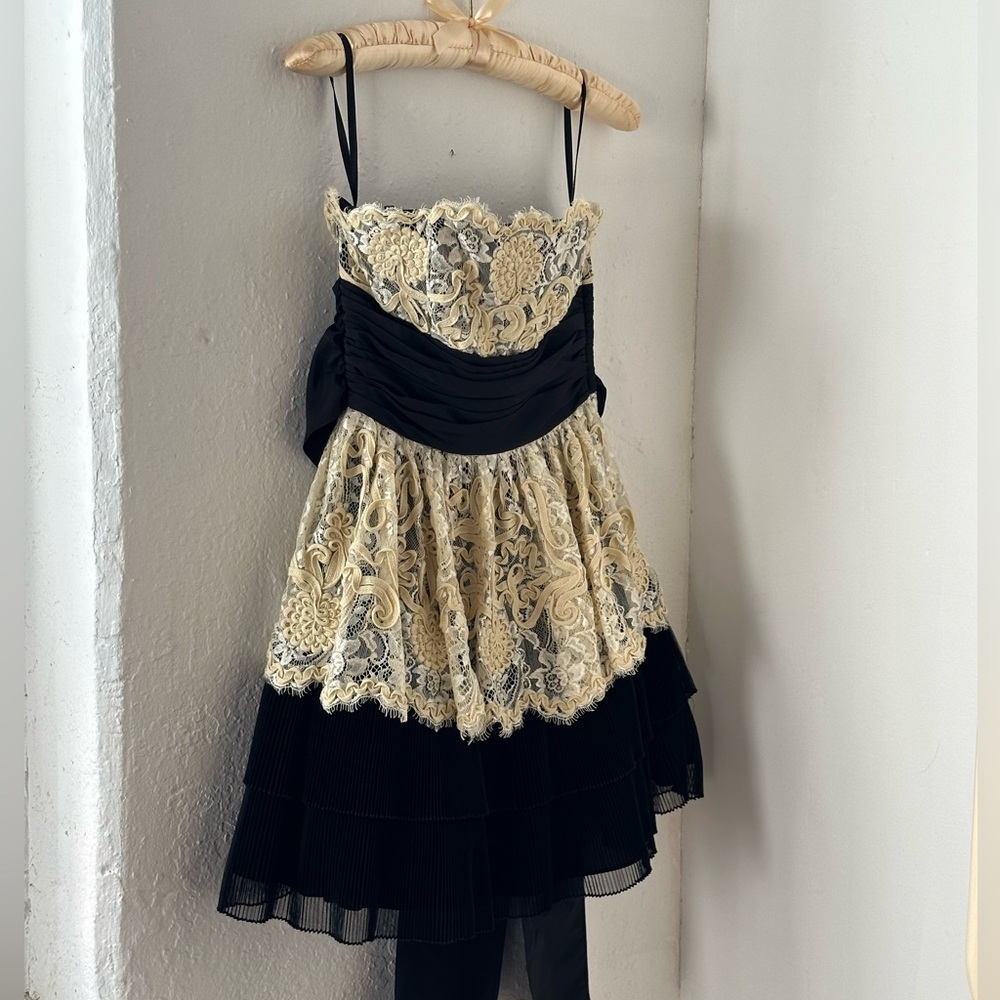 Betsey Johnson Black and Lace Strapless Mini Dress with Bow